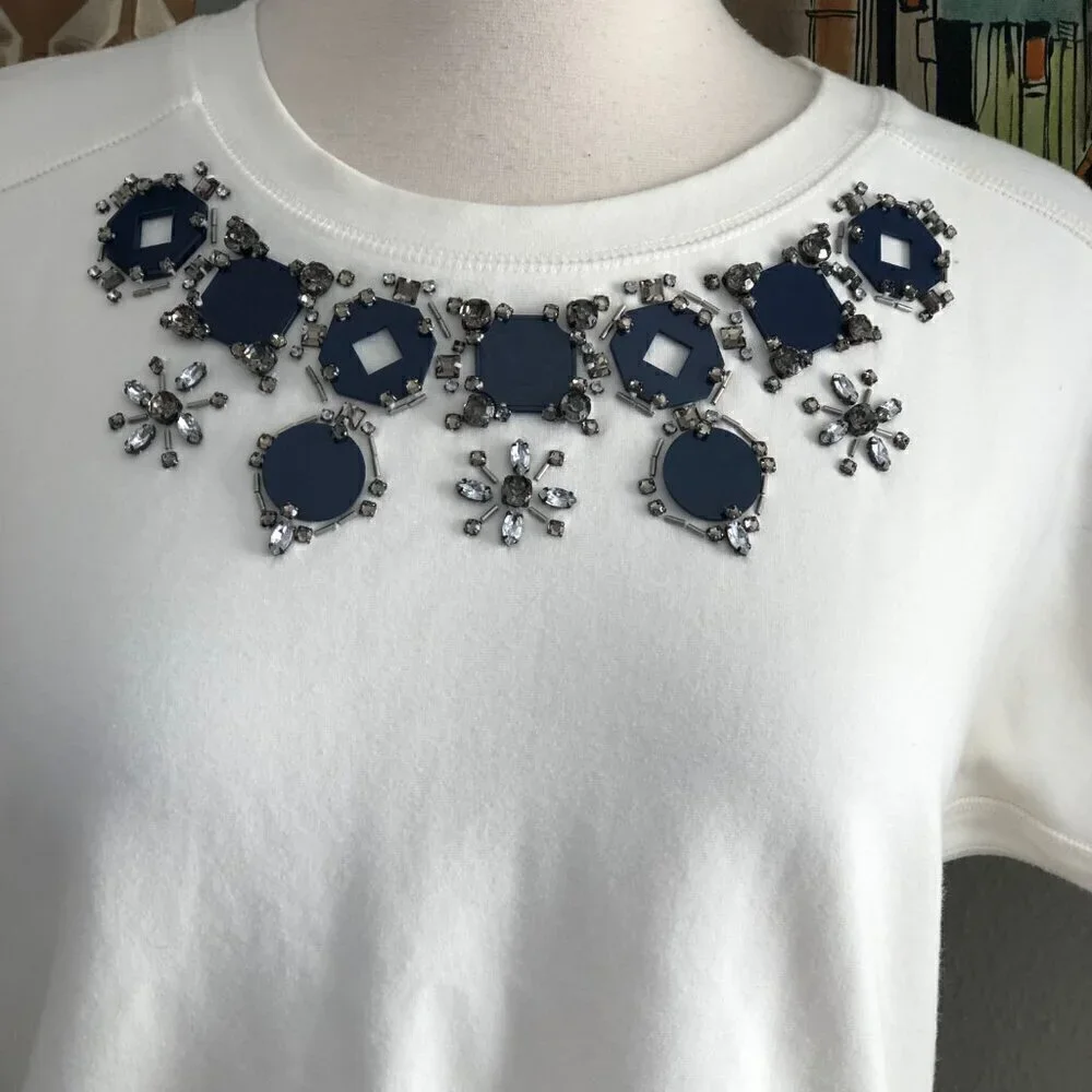 J. Crew Top Women's size XS White Gray Black Jeweled Neck Short Sleeve Crew